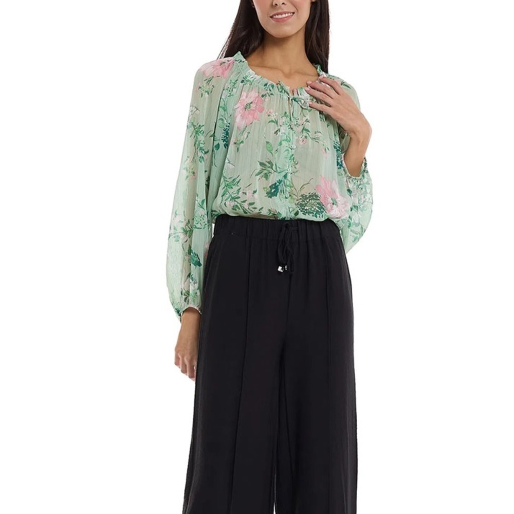Zara Floral Sheer Blouse in Mint Green & Pink Ruffle Collar with Tie Flowy Fit